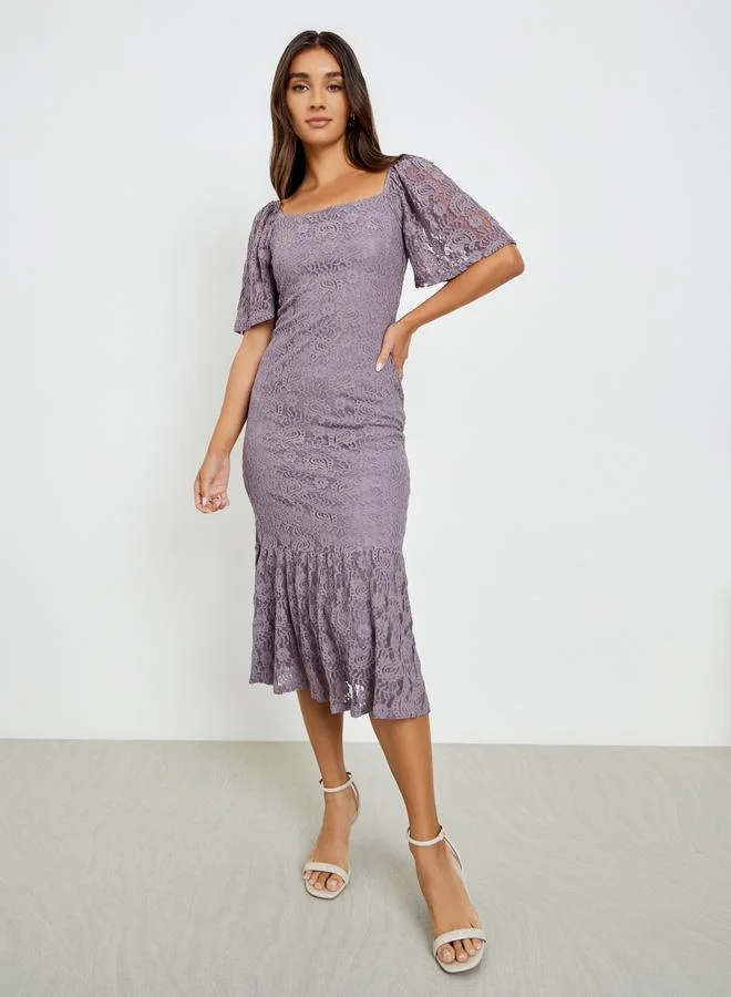 Styli Women Purple Lace Mermaid Hem Midi Dress